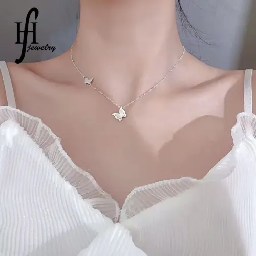 NTM3844 Women's Dainty Butterfly Necklace Stainless Steel Double Layer Clavicle Chain