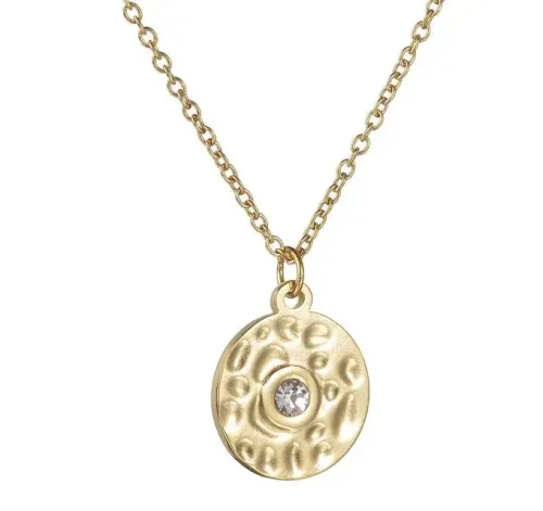 NTM3753 18K Gold Stainless Steel Hammered Zirconia Round Pendant Clavicle Necklace