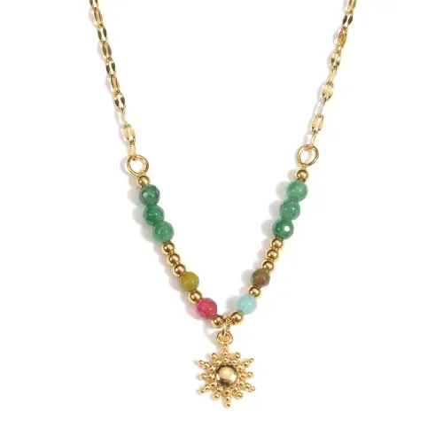 NTM3499 14K Gold Colorful Beaded Sun Pendant Necklace Stainless Steel Collar Chain
