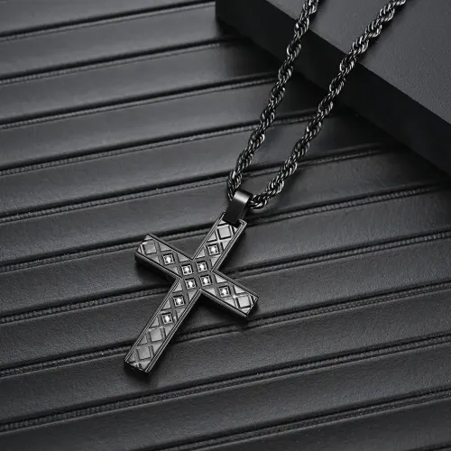 NTM1117 Men's Cross Pendant Necklace with CNC Diamond Inlay Line Art Stainless Steel