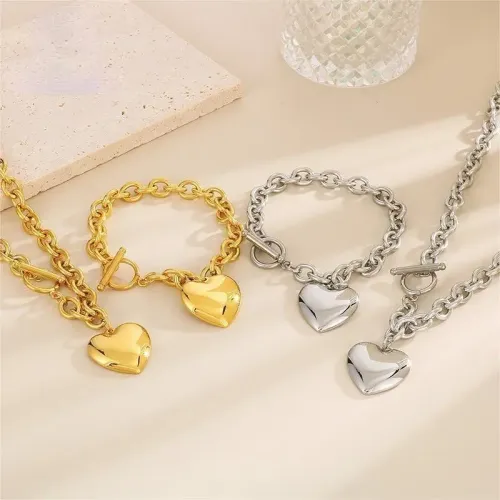 NTM2588 Heart Necklace Bracelet Set with OT Clasp 8mm O Chain Stainless Steel Women's Jewelry