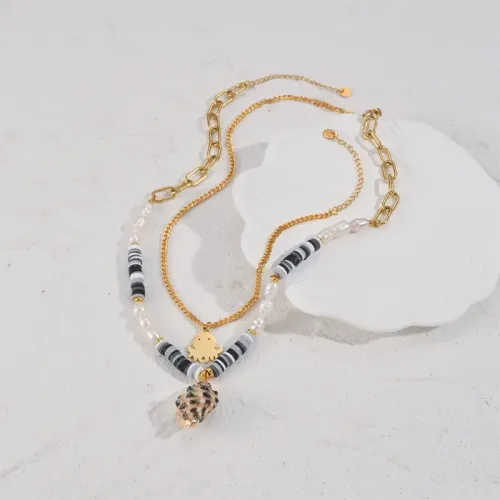 NTM3579 Bohemian 14K Gold Double Layered Necklace for Women Colorful Clay Stainless Steel Sweater Chain
