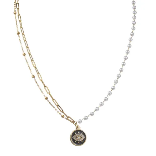 NTM3422 14K Gold Plated Evil Eye Round Pendant, Double Layer Pearl Necklace for Women Stainless Steel