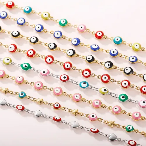 NTM2536 18K Gold Plated Stainless Steel Turkish Evil Eye Necklace Colorful Ethnic Women's Jewelry