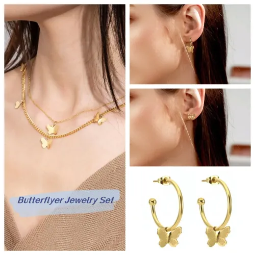 NTM3204 Fairy Butterfly Stainless Steel Earrings Elegant Clavicle Chain Necklace Set
