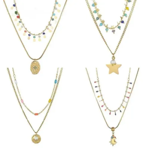 NTM3828 Women's Stainless Steel Jewelry Set: Double Layered Necklace, Anklet, Stud Earrings