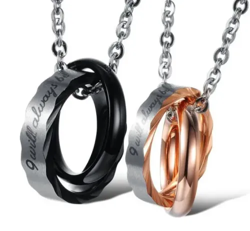 NTM2005 Interlocked Double Circle Pendant Stainless Steel Couples Necklace for Love and Unity