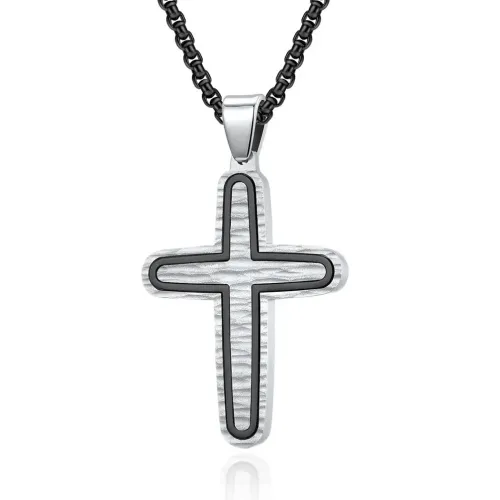 NTM1149 Men's Water Ripple Hammered Cross Pendant Stainless Steel Necklace