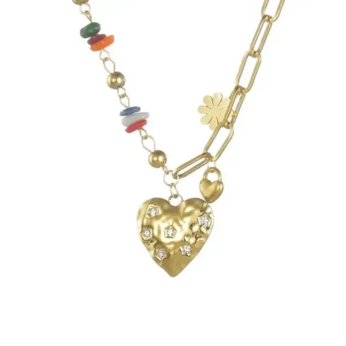 NTM3413 Gold Crushed Stone Heart Pendant Stainless Steel Necklace Diamond Women's Dopamine Jewelry