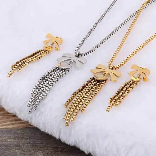 NTM2984 Butterfly Bow Tassel Necklace + Earrings Set Elegant Jewelry Combo