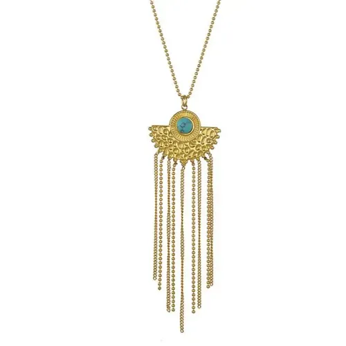 NTM3389 14K Gold Rose Flower Turquoise Tassel Pendant Necklace for Women Stainless Steel Jewelry