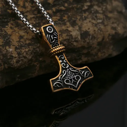 NTM1003 Hot Viking Thor's Hammer Triangle Rune Pendant Men's Stainless Steel Necklace