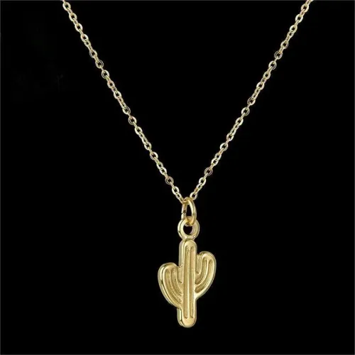 NTM3805 Stainless Steel Cactus Pendant Necklace 14K Gold Plated Trendy Botanical Jewelry