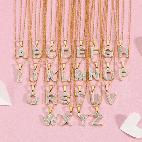 NTM2694 DIY Stainless Steel Diamond Encrusted Alphabet Pendant Necklace for Women Customizable Initial Jewelry