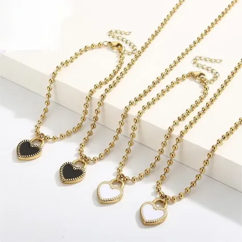 NTM2737 Black White Heart Pendant Epoxy Necklace Set for Women Stainless Steel Jewelry