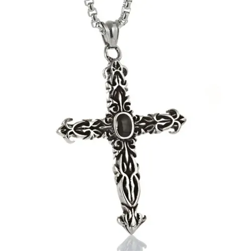 NTM2222 Black Gemstone Cross Pendant Engraved Stainless Steel Punk Necklace