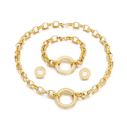 NTM3115 Stainless Steel Chunky Chain Rhinestone Jewelry Set Necklace, Bracelet, Earrings