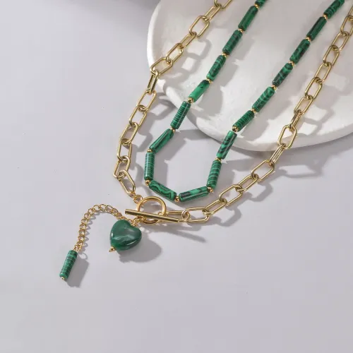 NTM3519 14K Gold Heart Pendant Necklace for Women Dual Layer Watermelon Green OT Clasp Chain