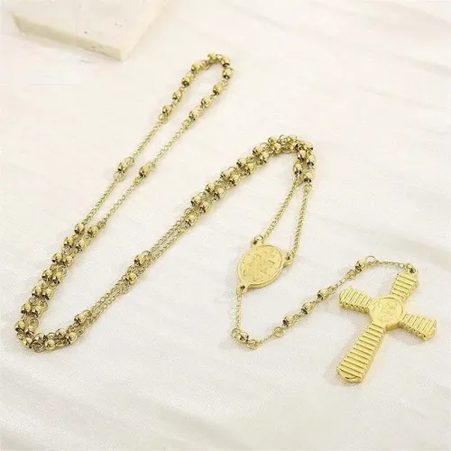 NTM2917 Unisex 6mm Stainless Steel Rosary Bead Necklace with Cross Pendant Spiritual Jewelry