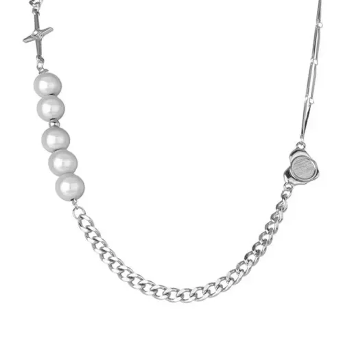 NTM3852 Diamond Encrusted Heart Pearl Necklace for Women Stainless Steel Link Chain Jewelry