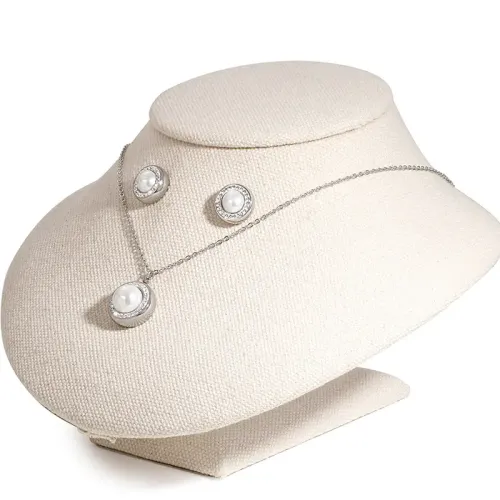 NTM3036 Elegant Stainless Steel Pearl Necklace Earrings Set for Women Chic Jewelry Combo