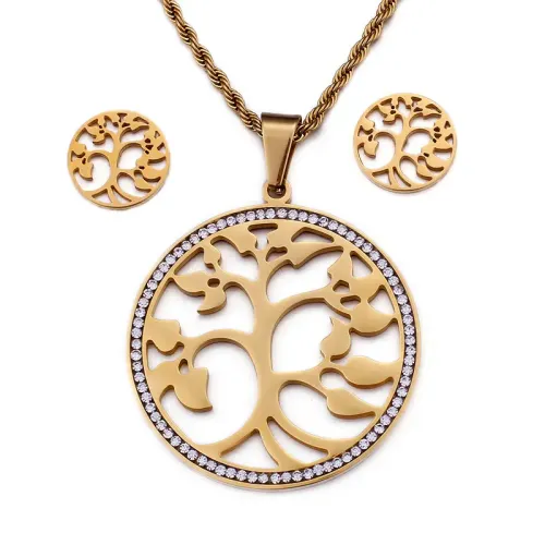 NTM2447 Tree of Life Hollow Necklace Earring Set Stainless Steel Jewelry for Women