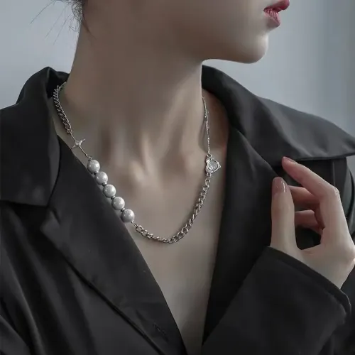 NTM3964 Unisex Stainless Steel Heart Necklace Hip Hop Double Layered Sweater Chain