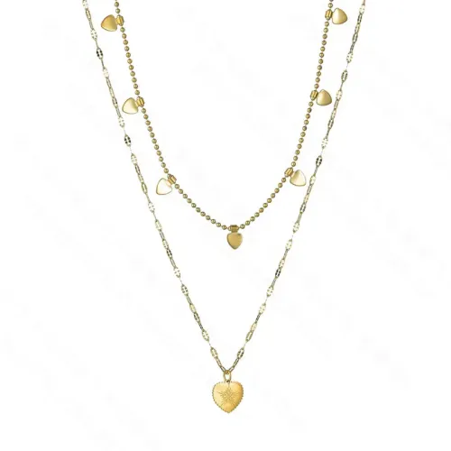 NTM3445 Gold Double Layered Star Necklace Stainless Steel Beaded Heart Chain