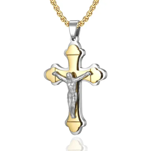 NTM1128 Triple Layer Cross Pendant Necklace Men's Stainless Steel Crucifix Chain