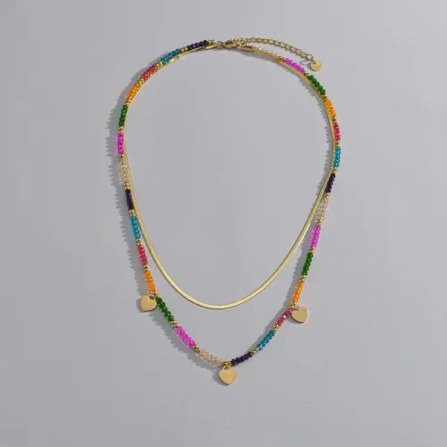NTM3356 14K Gold Plated Stainless Steel Colorful Bead Heart Double Layer Sweater Necklace for Women