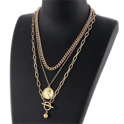 NTM2863 Triple Layer Portrait Pendant Sweater Chain with Round Beads OT Clasp Necklace