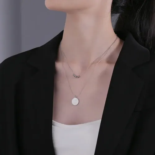 NTM3822 Dual Layer English Tag Small Bead Necklace for Women Stylish Sweatshirt Chain