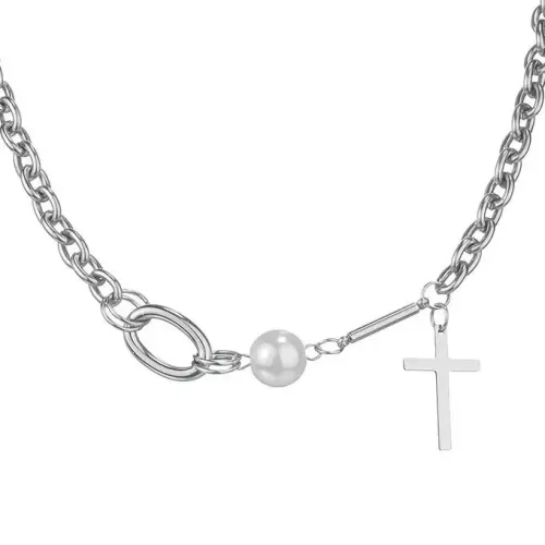 NTM3939 Women's Stainless Steel Cross Pearl Pendant Necklace Spliced Chain Collar Jewelry