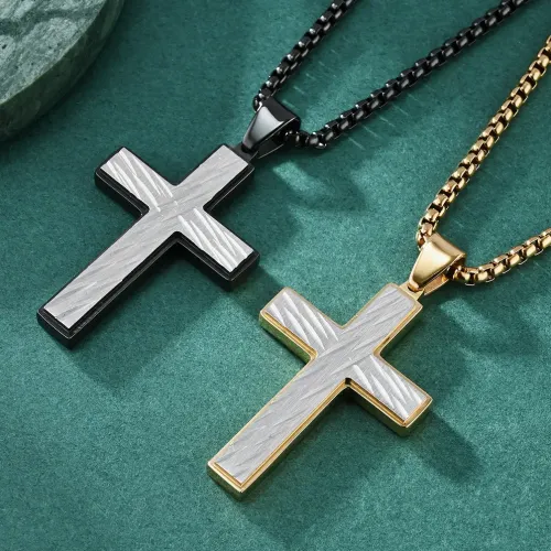 NTM1126 Men's Striped Cross Pendant Necklace with Electric Blade Pattern Sweater Chain
