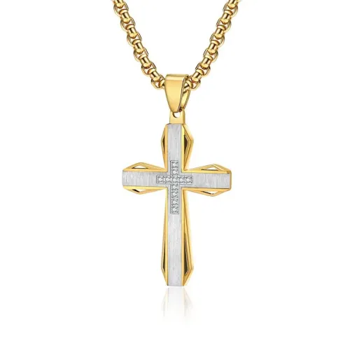 NTM1195 Men's Stainless Steel Cross Necklace with Bark Texture Mechanical Gear Design Pendant