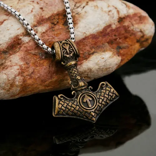 NTM1004 Odin's Mjolnir Viking Rune Pendant Men's Stainless Steel Necklace