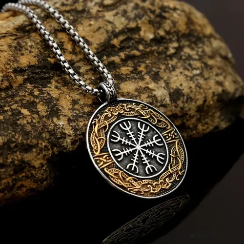 NTM973 Men's Stainless Steel Viking Compass Round Pendant Necklace