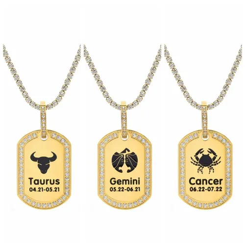 NTM3145 Gold Zodiac Pendant Dog Tag DIY Necklace with 5A Cubic Zirconia in Stainless Steel