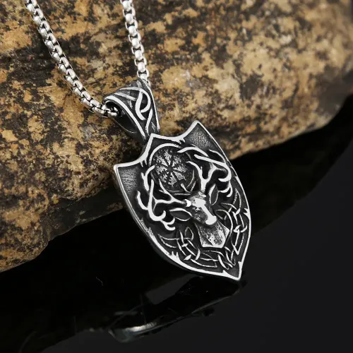 NTM949 Men's Stainless Steel Deer Head Pendant with Viking Compass Totem Necklace