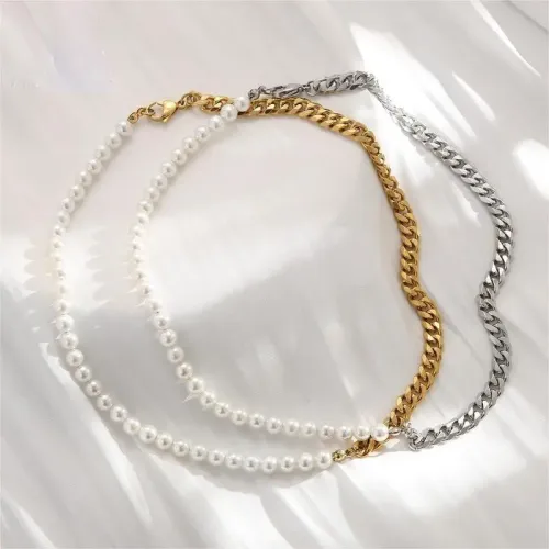 NTM2739 Spliced Pearl Necklace Bracelet Set for Women Stainless Steel Clavicle Chain