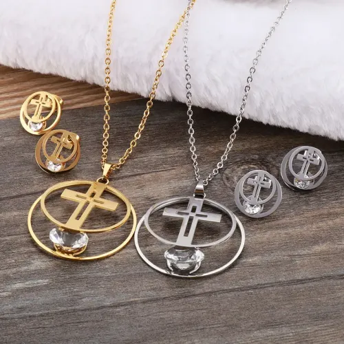 NTM2871 Hollow Cross Earrings Necklace Set with Diamonds Circle Pendant Jewelry