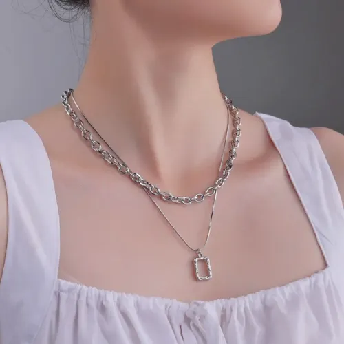 NTM3588 Women's Double Layered Irregular Square Pendant Necklace Stainless Steel Layering Jewelry