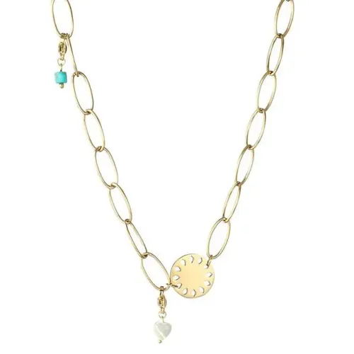 NTM3355 14k Gold Turquoise Pearl Heart Pendant Necklace for Women Stainless Steel Jewelry