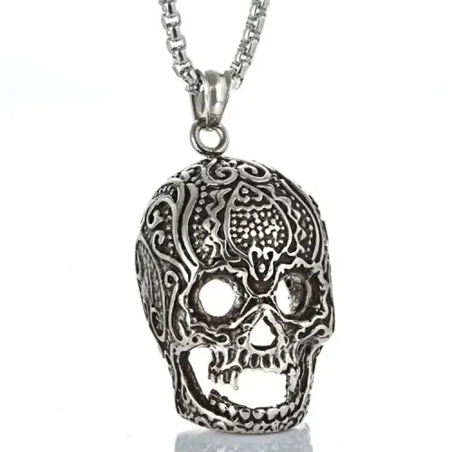 NTM2225 Large Skull Head Pendant Stainless Steel Punk Necklace with Skull Tag