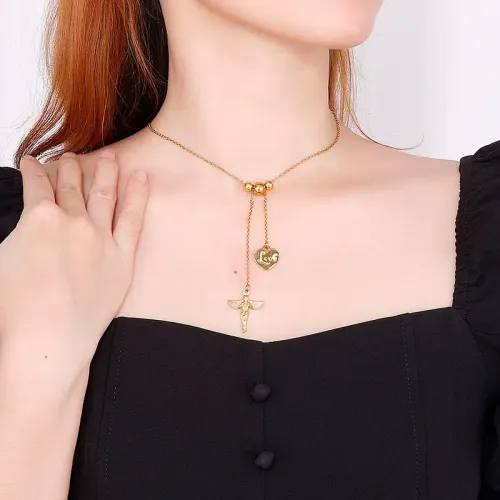 NTM2850 Angel Heart Love Pendant Tassel Necklace for Women Stainless Steel Charm