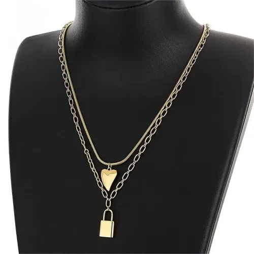 NTM2852 Layered Sweater Chain with Double Heart Lock Pendant Stainless Steel Necklace for Women