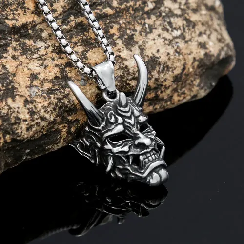 NTM953 Hannya Demon Mask Pendant Silver Horn Necklace, Stainless Steel Women's Statement Chain