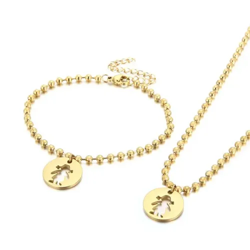 NTM2590 Hollow Girl Pendant Beaded Chain Set Stainless Steel Hollow Sphere Necklace and Bracelet