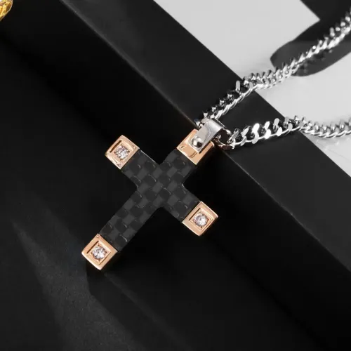 NTM1184 Men's Rose Gold Stainless Steel Cross Necklace with Carbon Fiber Pendant