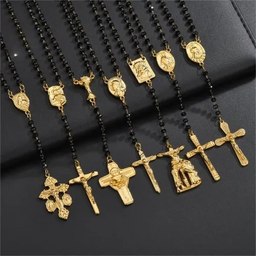 NTM3358 Hip Hop 18K Gold Plated Cross Stainless Steel Dual Pendant Black Bead Necklace
